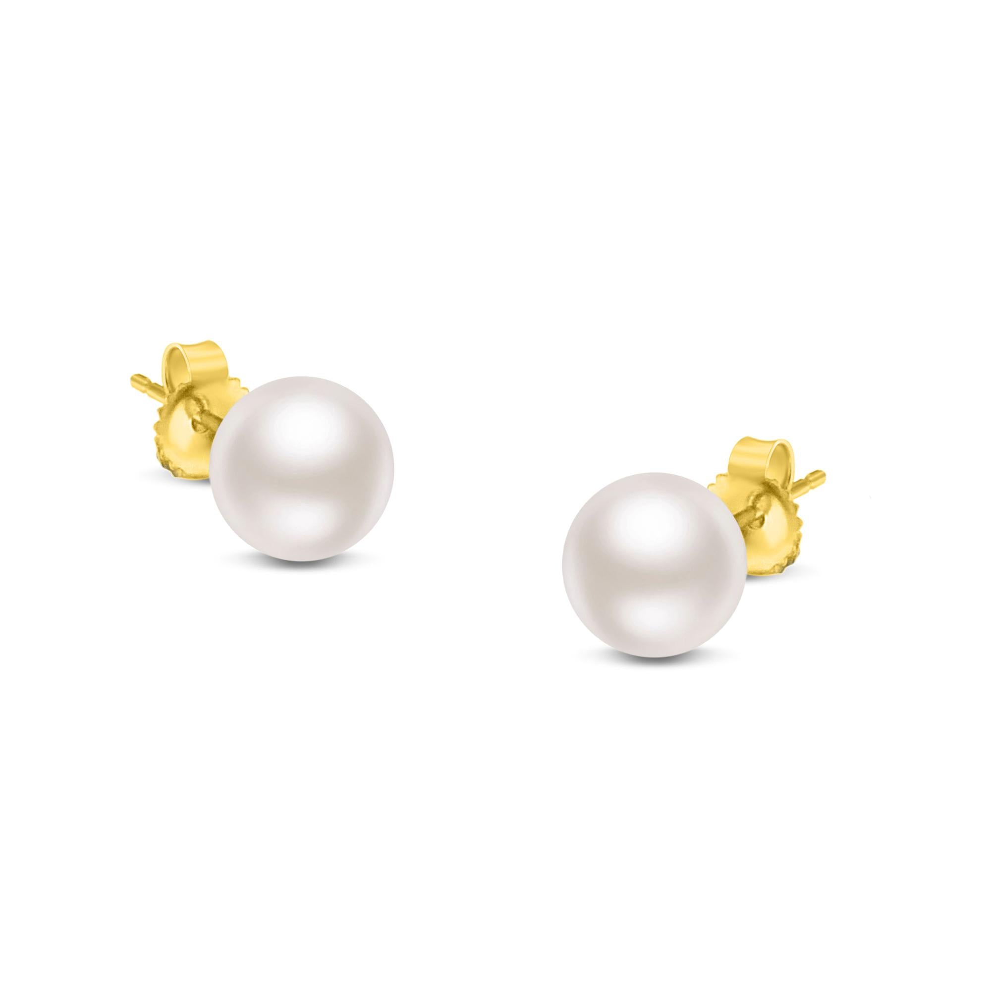 14K Gold White Saltwater Akoya Pearl Stud Earrings AAA+ Quality