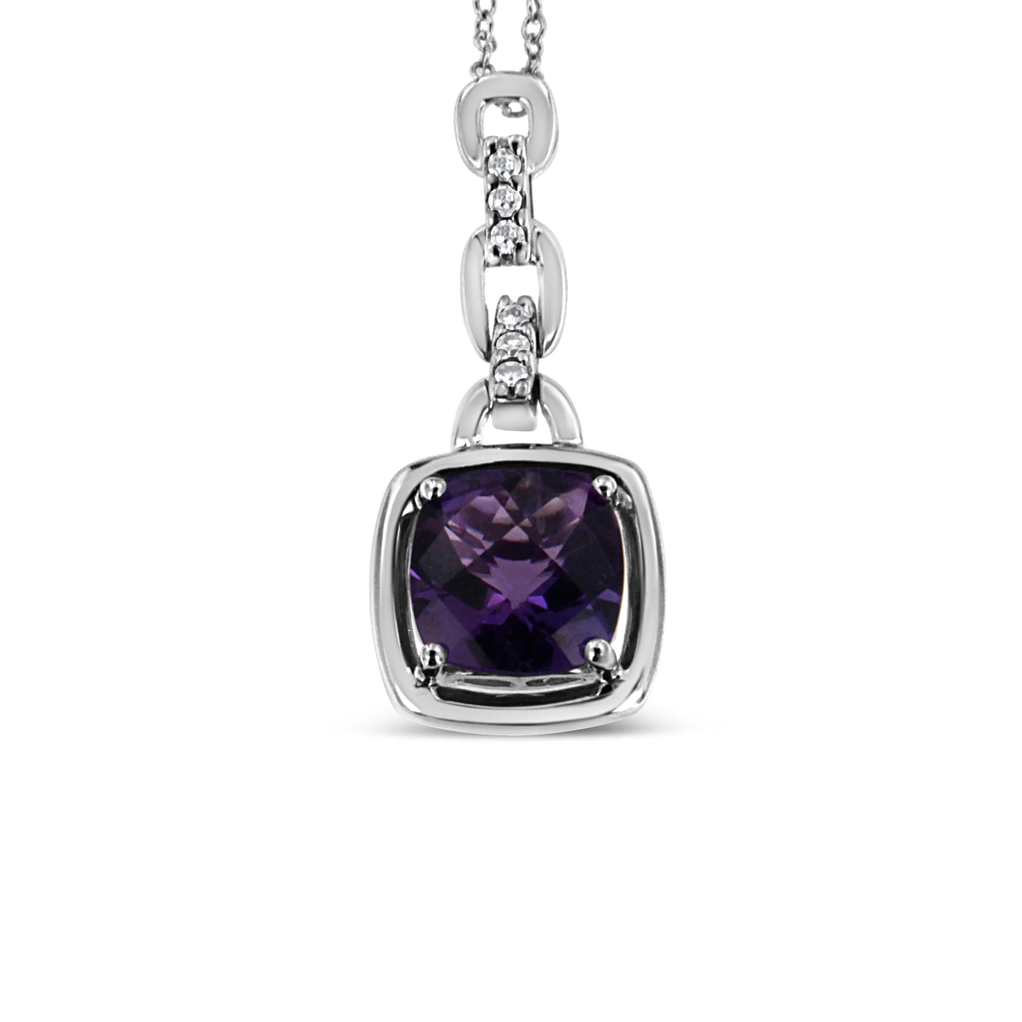 6x6MM Natural Purple Amethyst and Diamond 18" Inch Pendant Necklace