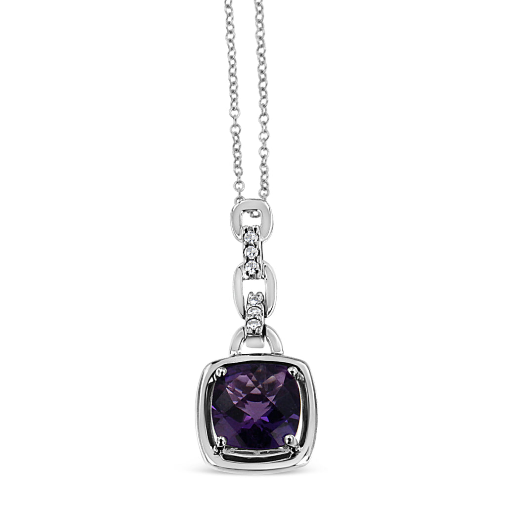 6x6MM Natural Purple Amethyst and Diamond 18" Inch Pendant Necklace