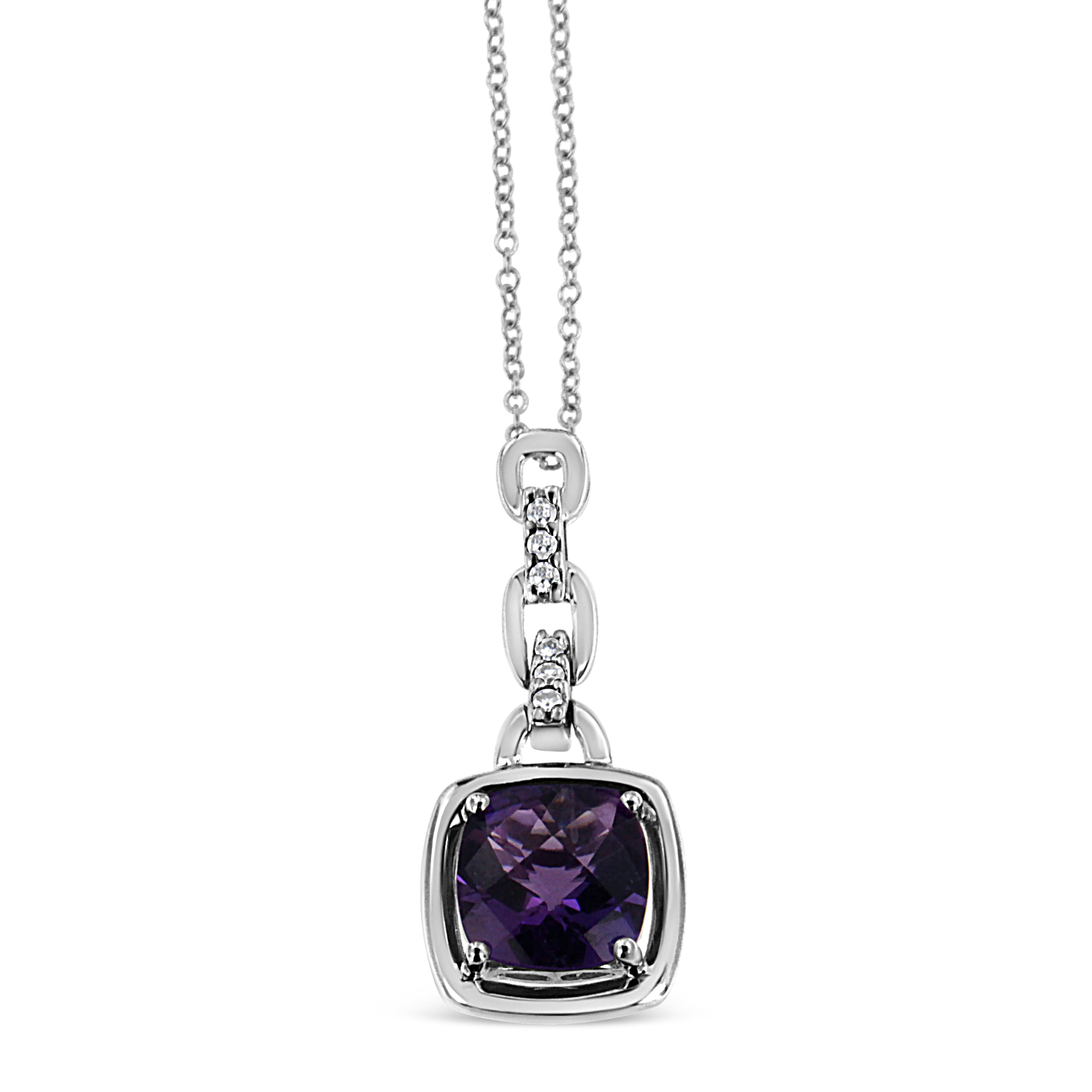 6x6MM Natural Purple Amethyst and Diamond 18" Inch Pendant Necklace