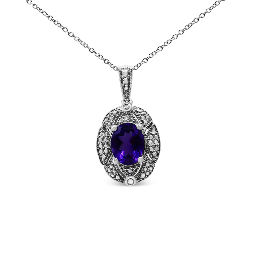 Diamond and 9x7mm Amethyst Pendant 18" Necklace (I-J Color, I1-I2 Clarity)